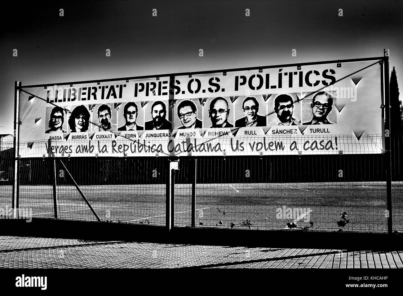 Banner per chiedere la libertà di Catalogna prigionieri politici, Girona, Spagna. Foto Stock