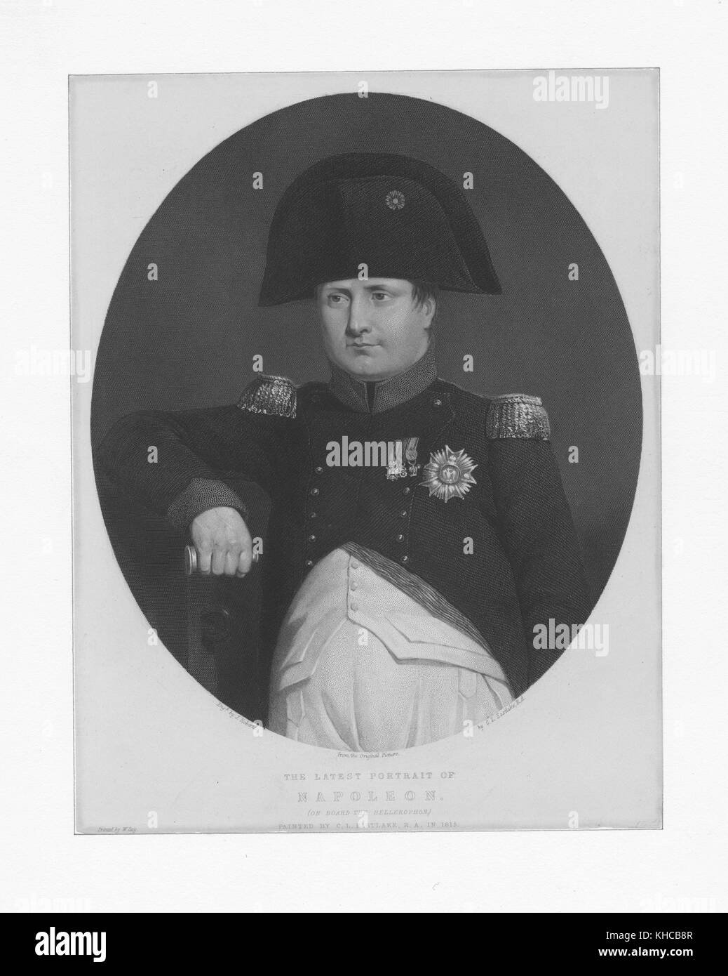 Ritratto a mezza lunghezza di Napoleone Bonaparte, leader militare e politico francese durante la Rivoluzione francese e le guerre rivoluzionarie, con le parole "l'ultimo Ritratto di Napoleone a bordo del Bellerofonte" in basso, 1829. Dalla New York Public Library. Foto Stock
