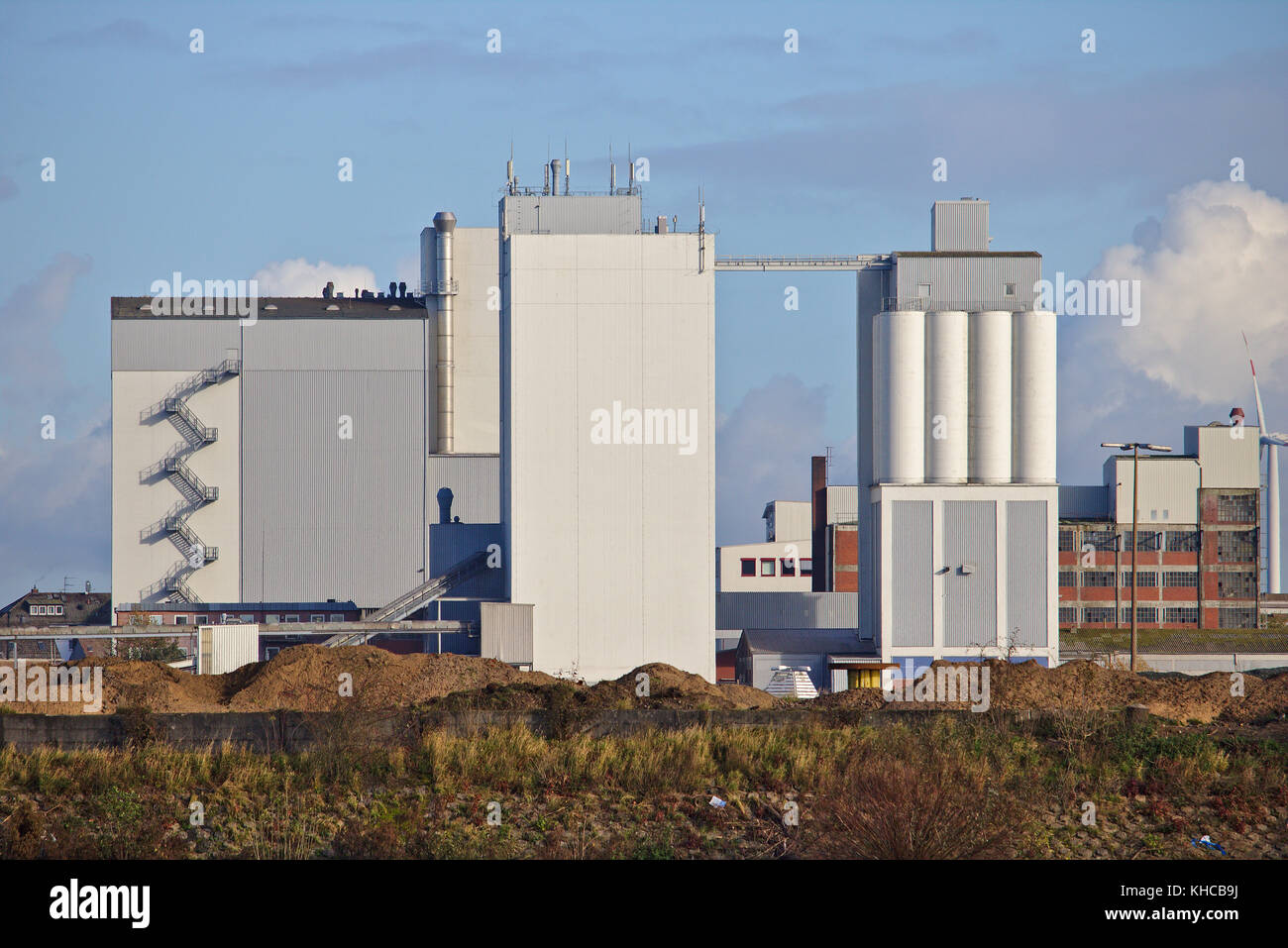 Enorme silo di grano con scale sul muro esterno e deposito edificio sullo sfondo Foto Stock