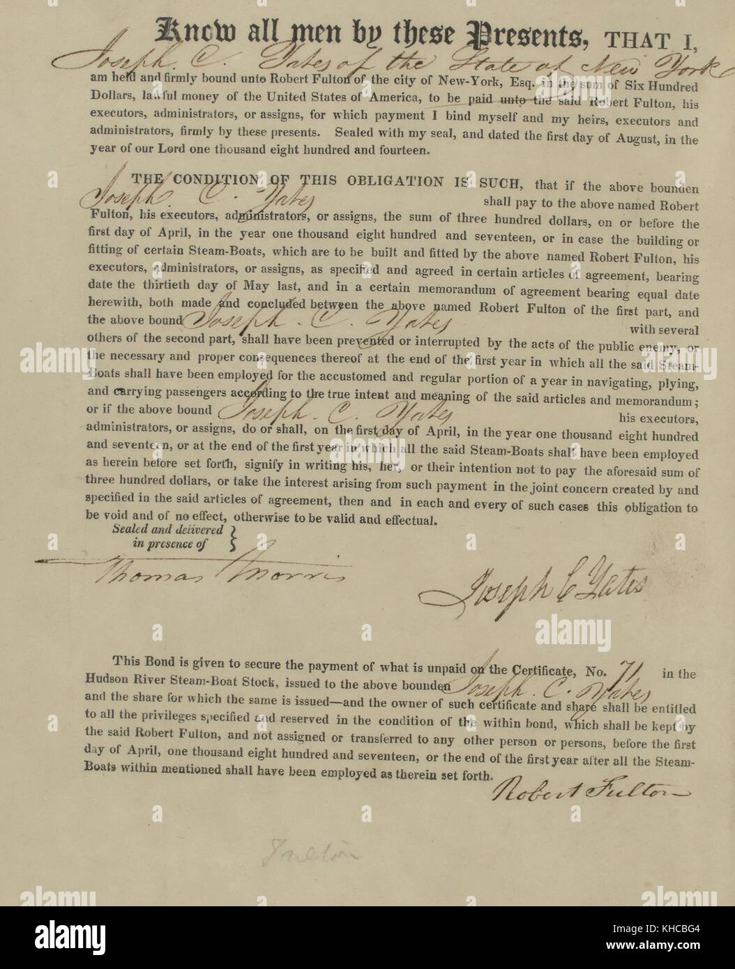 Pagherò nota di Giuseppe c yates promettendo di pagare robert fulton $300 per stock nel fiume Hudson steamboat co, 1814. dalla biblioteca pubblica di new york. Foto Stock