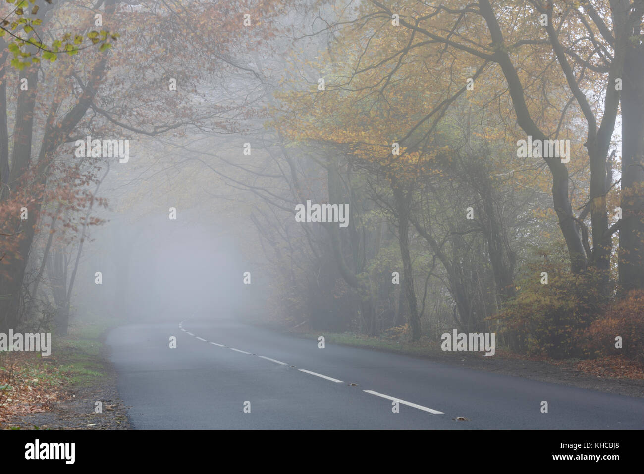 Il B4070 vicino a Birdlip, Gloucestershire, in autunno la nebbia Foto Stock