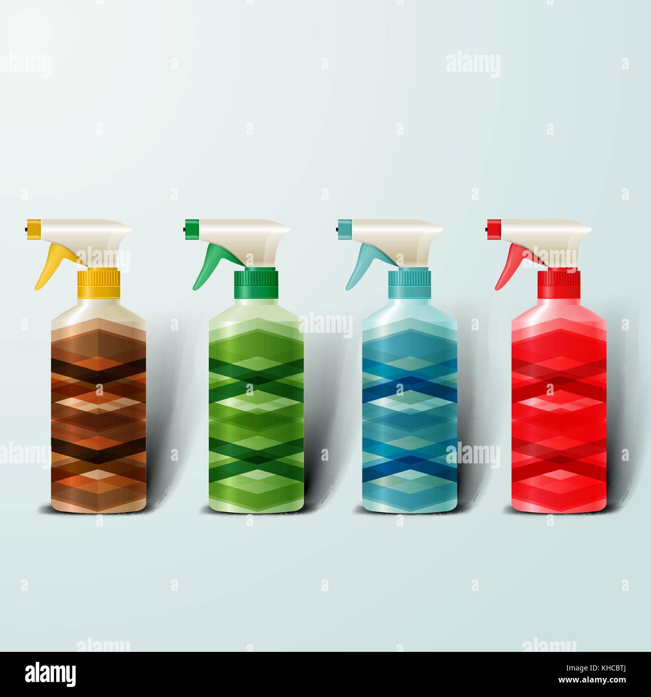 Mockup modello per il branding e la progettazione del prodotto isolato realistico di bottiglie di plastica con erogatore spray e design geometrico unico. Illustrazione Vettoriale