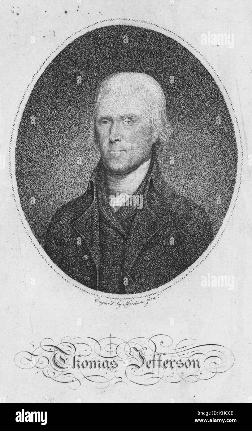 Ritratto inciso di Thomas Jefferson, disegnatore della dichiarazione di indipendenza degli Stati Uniti e terzo presidente della nazione, 1880. Dalla New York Public Library. Foto Stock