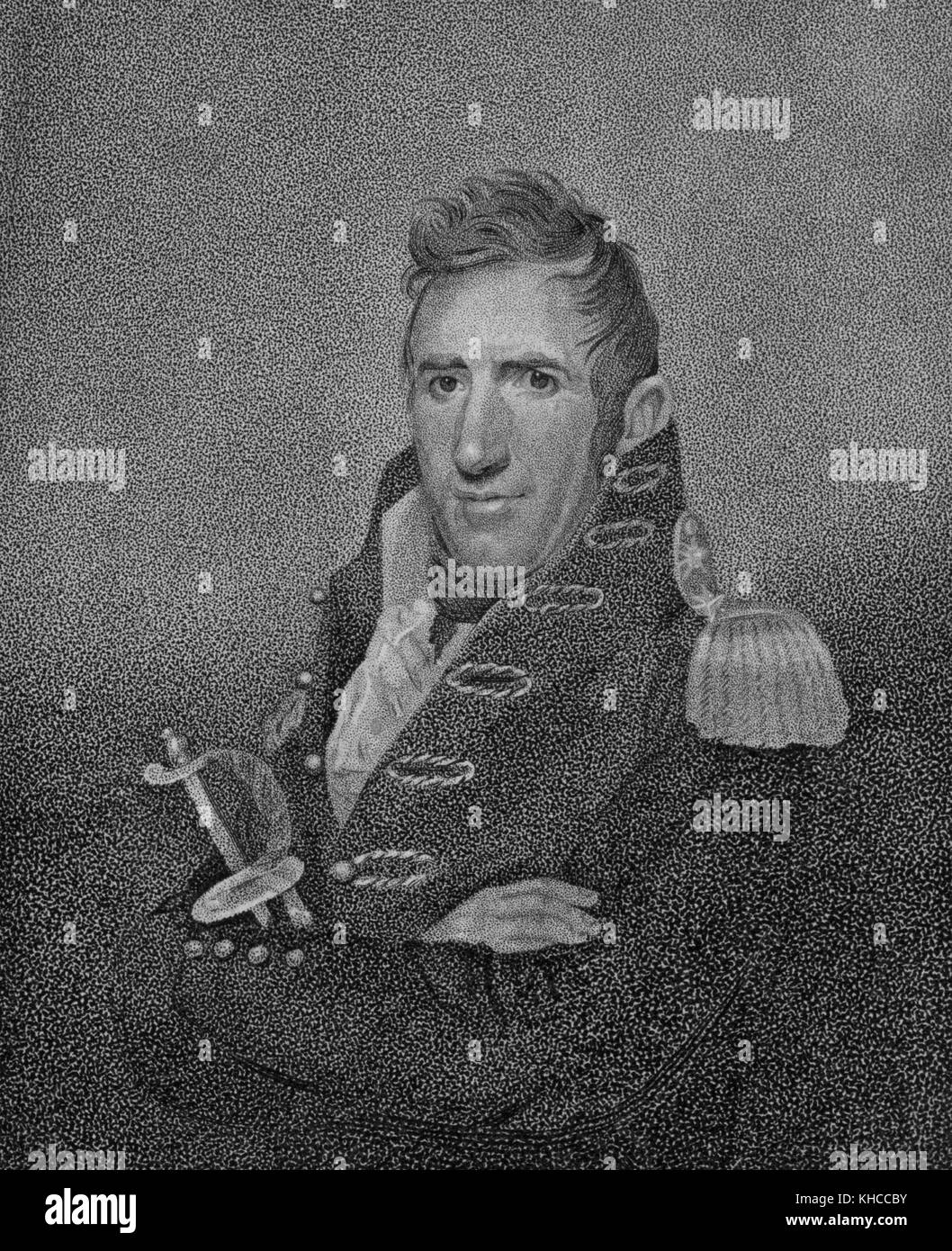 Incisione del maggiore generale William Henry Harrison, da giovane, in uniforme, le braccia incrociate, con una spada, 1815. Dalla New York Public Library. Foto Stock