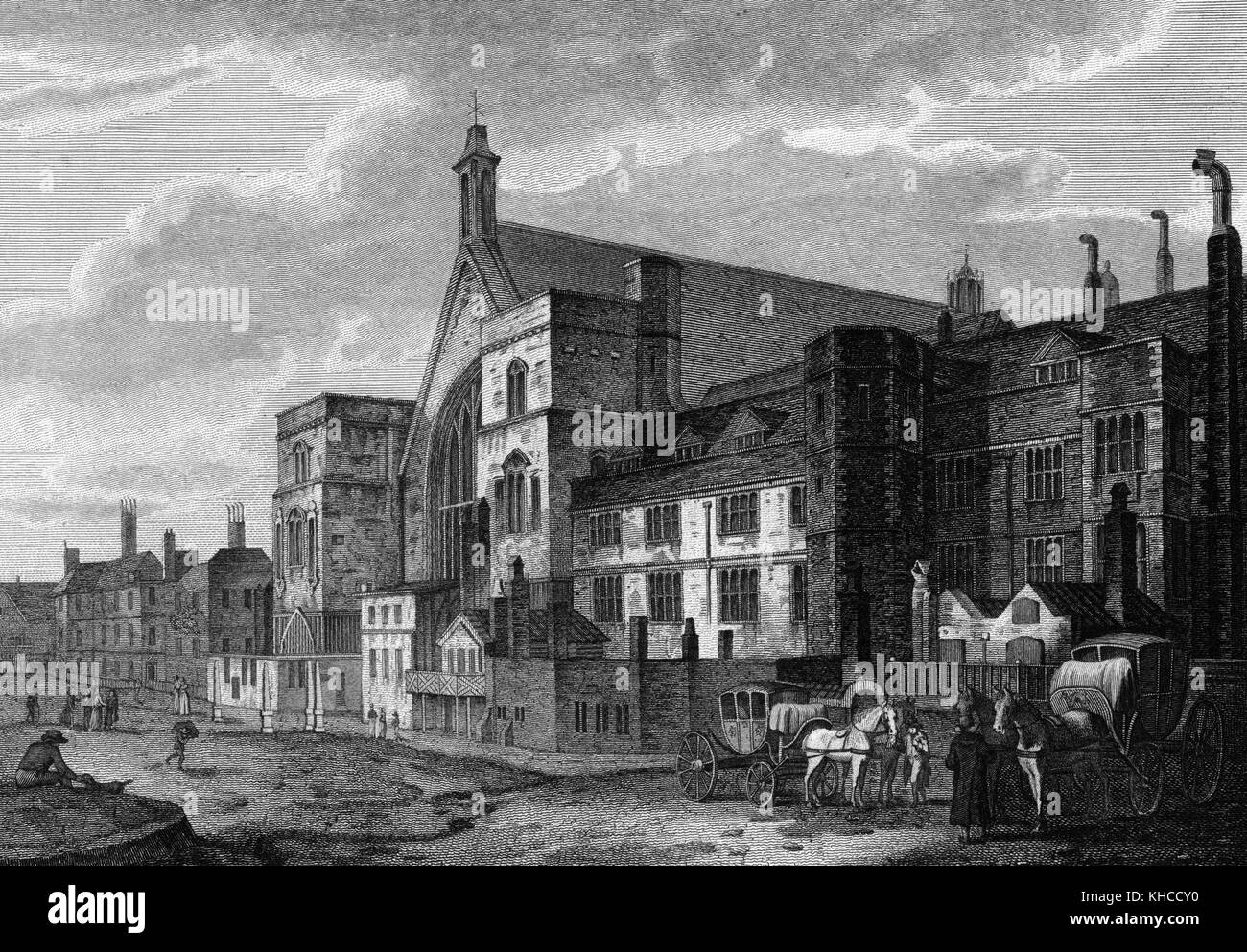 Un'incisione da un dipinto di Westminster Hall, l'esterno dell'edificio può essere visto insieme ad altri edifici della città, carrozze trainate da cavalli e persone possono essere visti sulla strada, Londra, Inghilterra, 1795. Dalla Biblioteca pubblica di New York. Foto Stock