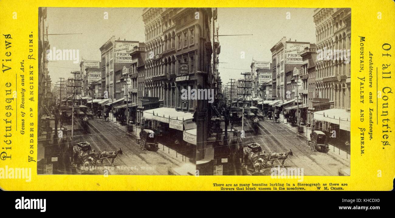Baltimore Street, Street view che mostra carri, strade, aziende, cartelli, tende, Baltimora, Maryland, 1880. Dalla Biblioteca pubblica di New York. Foto Stock