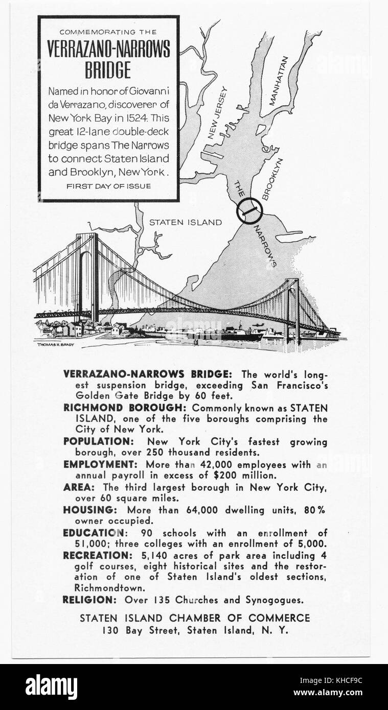 Un volantino di una pagina con informazioni sul ponte Verrazano-Narrows e sull'isola di Staten, prodotto per promuovere Staten Island dalla Camera di Commercio dell'isola di Staten, New York, 1900. Dalla Biblioteca pubblica di New York. Foto Stock