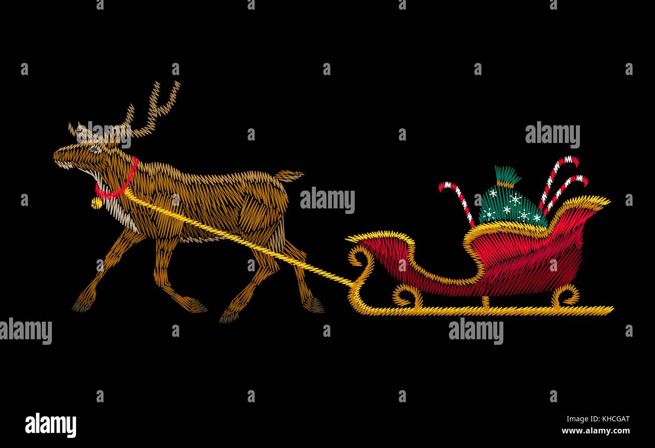 La renna natale sleigh dono consegna patch ricamo. rosso nero anno nuovo decor alla moda cervi carrello realistico tessile stampa illustrazione vettoriale Illustrazione Vettoriale