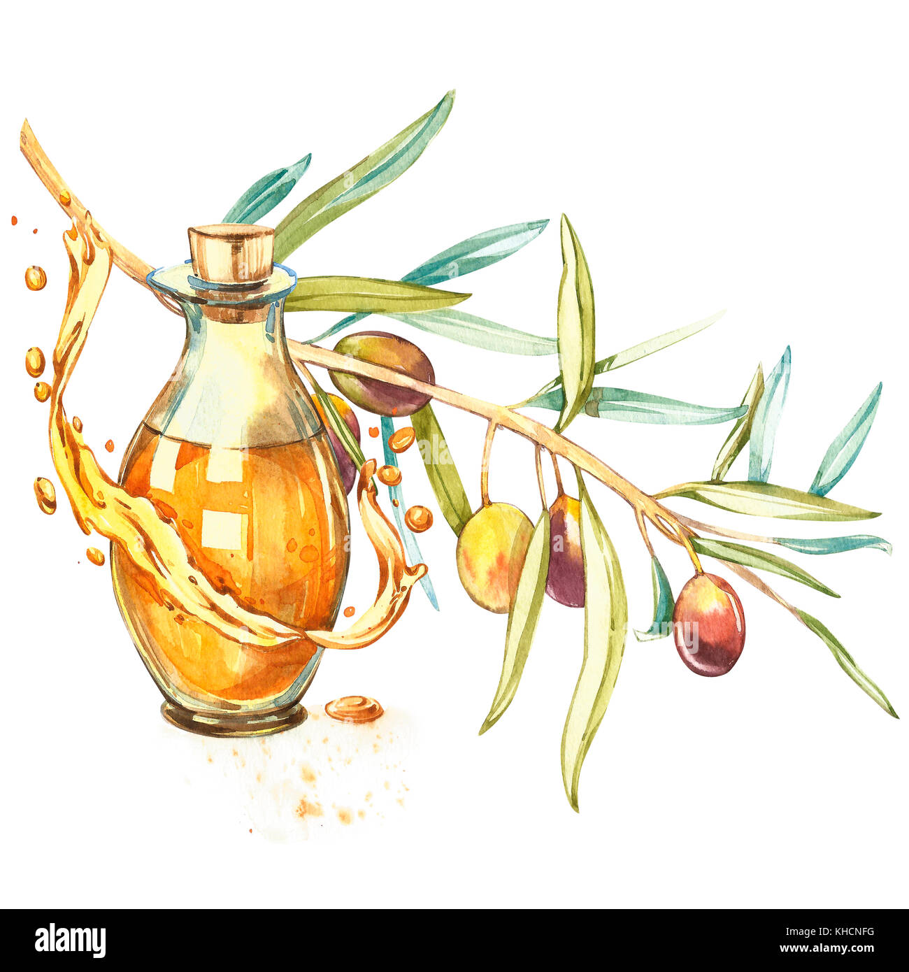 Un ramo di ripe olive verdi è succosa versata con olio. gocce e schizzi di olio d'oliva. acquerello e illustrazione botanica isolati su sfondo bianco. Foto Stock