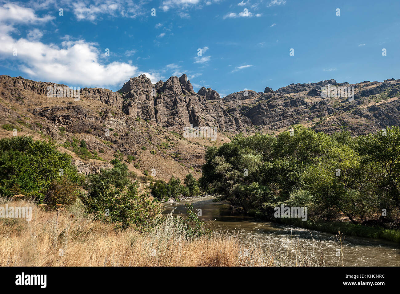 Georgia. la strada di akhaltsikhe a vardzia si corre lungo la splendida roccioso canyon del fiume Kura. Foto Stock