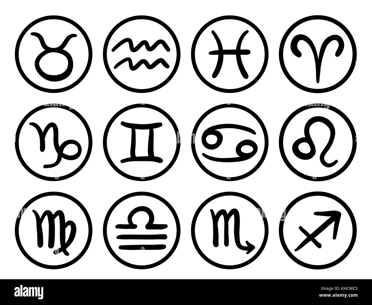 Raccolta di segni zodiacali disegnati a mano e loro nomi. Set astrologia grafica vettoriale. Illustrazione in nero su bianco. Illustrazione Vettoriale