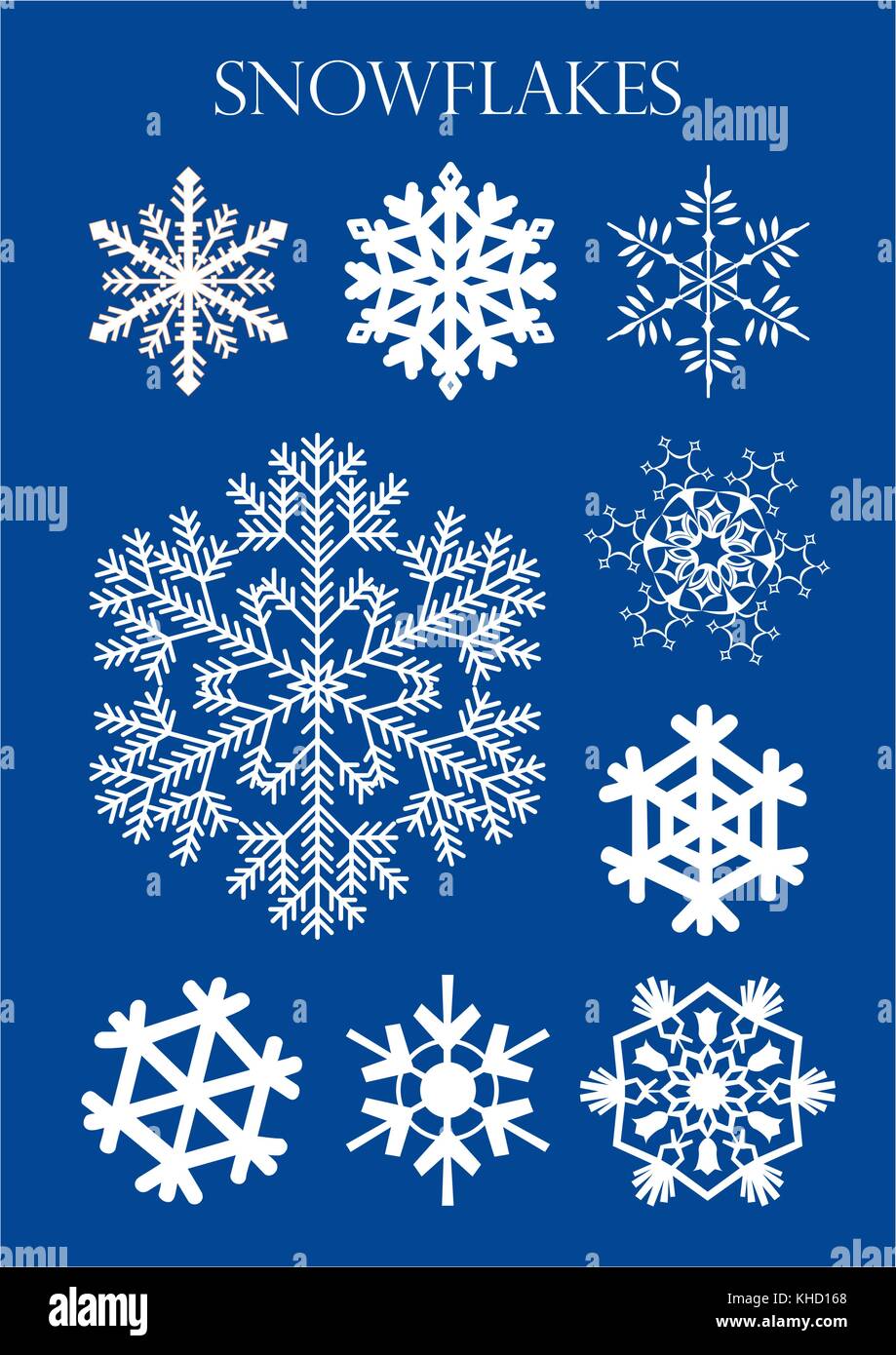 Serie di modelli diversi di fiocchi di neve su sfondo blu. immagine vettoriale Illustrazione Vettoriale
