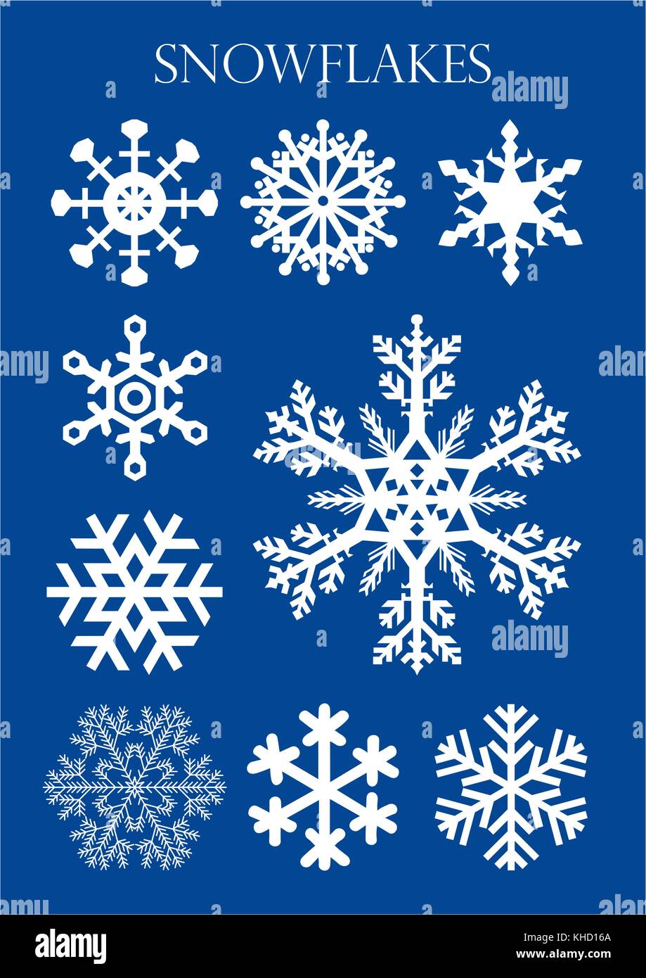 Serie di modelli diversi di fiocchi di neve su sfondo blu. immagine vettoriale Illustrazione Vettoriale
