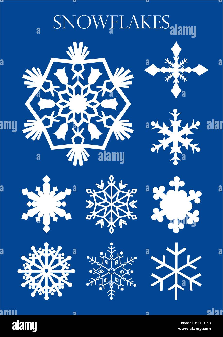 Serie di modelli diversi di fiocchi di neve su sfondo blu. immagine vettoriale Illustrazione Vettoriale