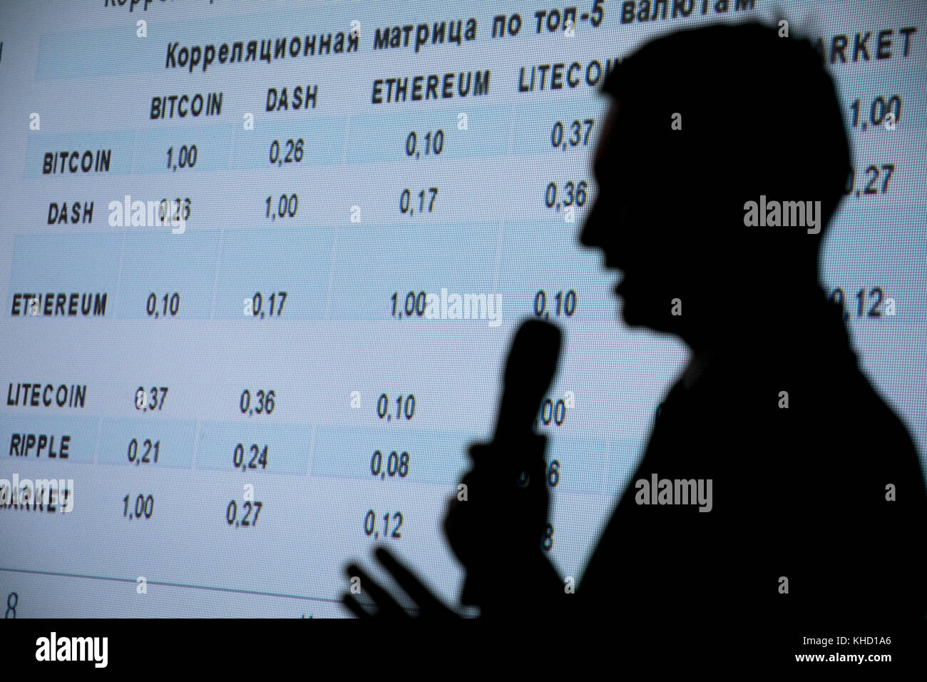 Un altoparlante su una presentazione della situazione attuale con il principale crypto-valute nel mercato sul Blockchine Bitcoin e conferenza a Mosca Foto Stock