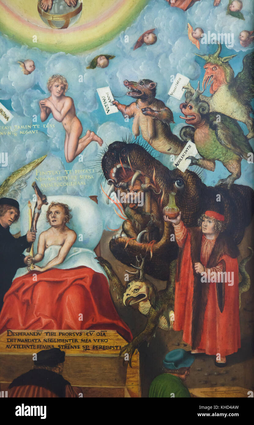 Dettaglio del dipinto "L'uomo morente" dal tedesco pittore rinascimentale Lucas Cranach il Vecchio circa dal 1518 sul display nel Museum der Bildenden Künste (Museo delle Belle Arti) di Lipsia, in Sassonia, Germania. Foto Stock