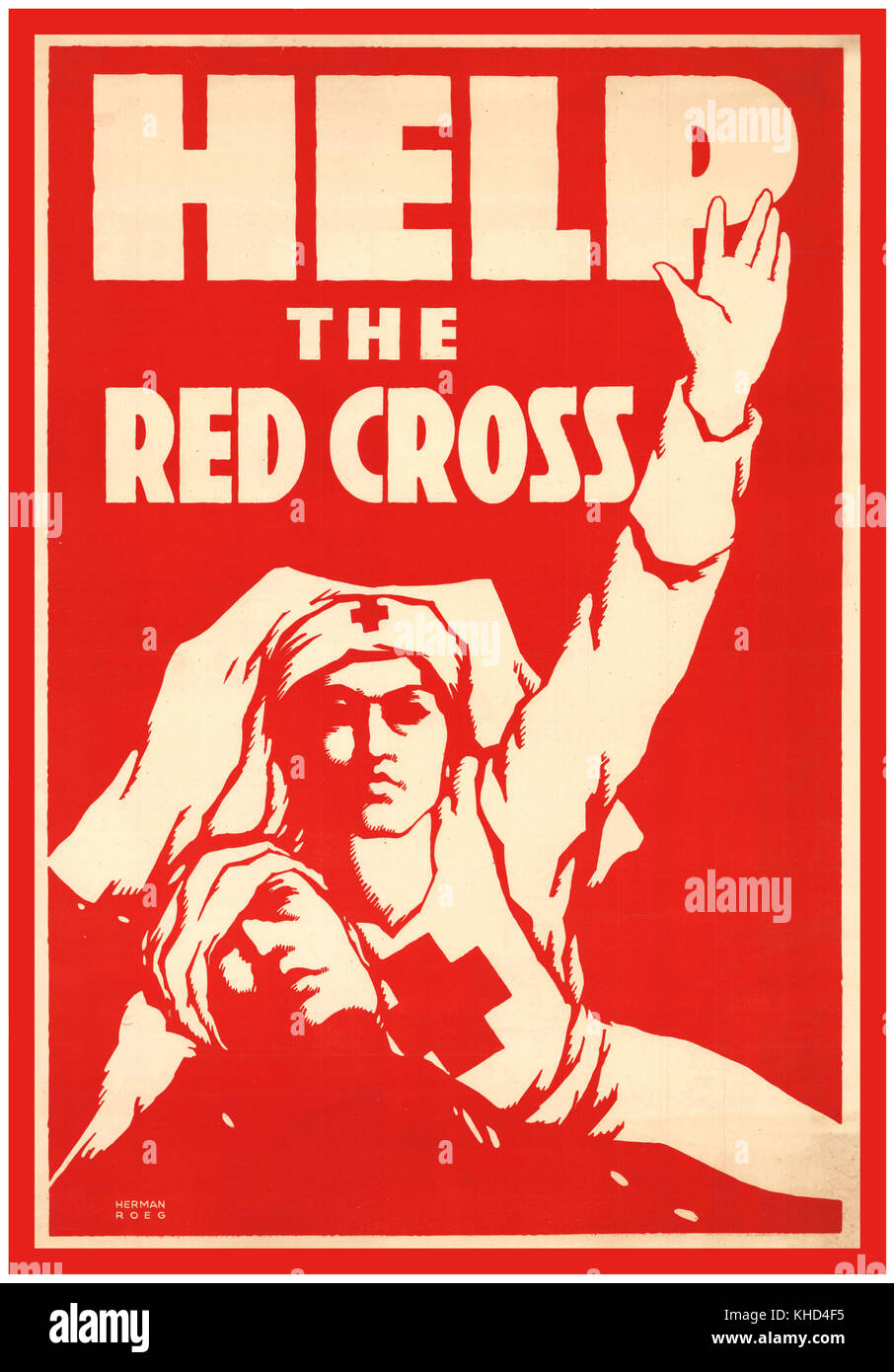 La Prima Guerra Mondiale la propaganda Poster 1918 'Aiutare la Croce Rossa' American Poster raffigurante una croce rossa infermiera tenendo un soldato ferito come ella segnali per aiutare Foto Stock