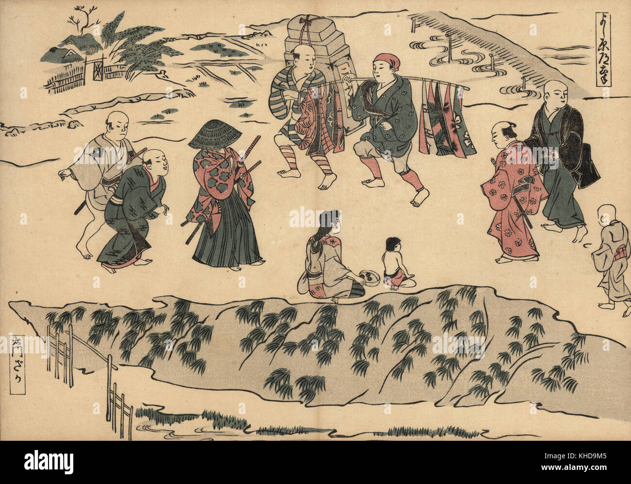 Scena di strada mostra samurai e commercianti sulla strada per il piacere quarters a Daimon-zaka. Yoshiwara dote. Woodblock print da Masanobu Okumura (1686-1764) da Fuzoku Emakimono, scorrimento immagine dell'acqua Commercio, Tokyo, ristampa di circa 1880. Foto Stock