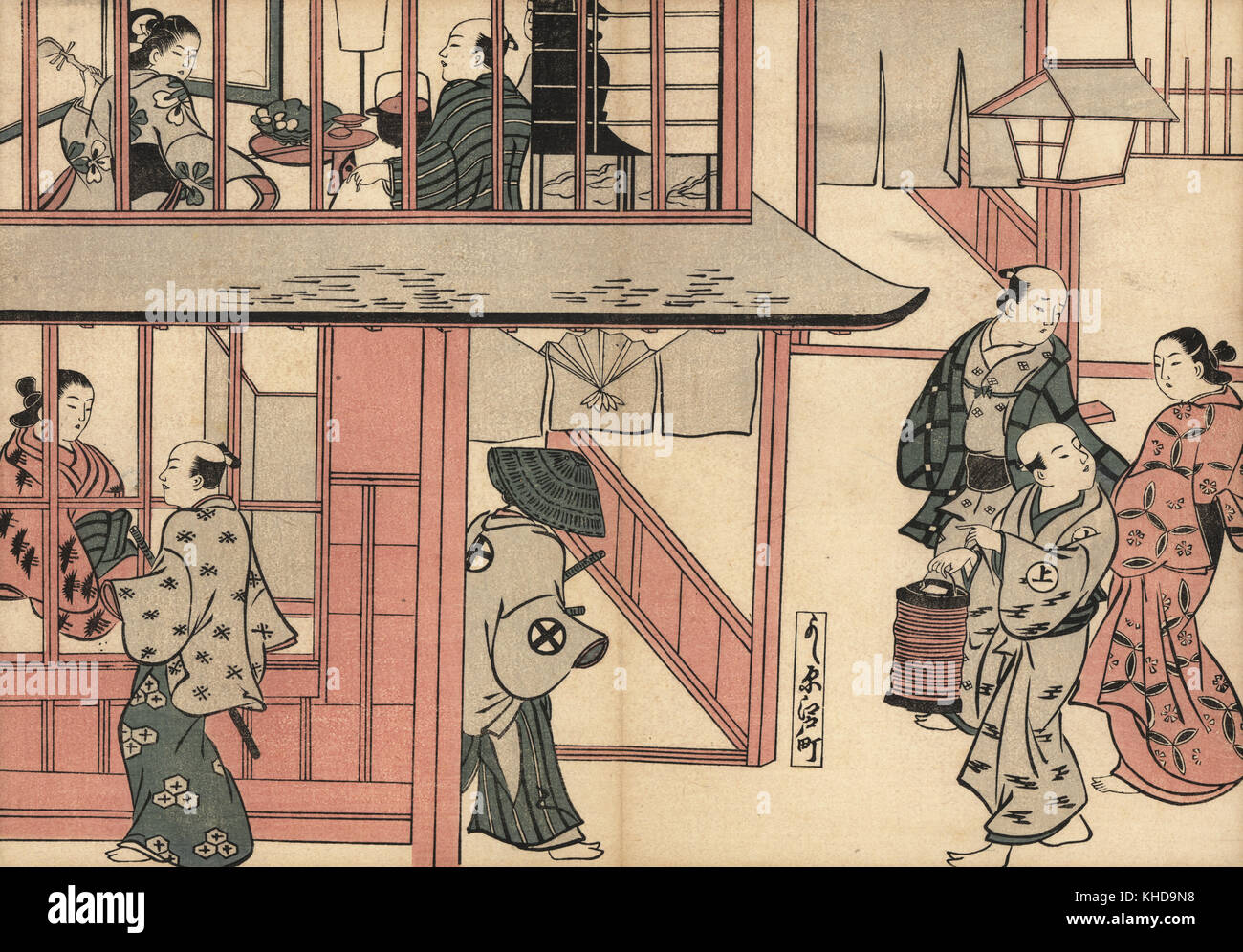 Il Samurai a piedi passato cortigiane in teahouse sbarrata, una cortigiana intrattiene un cliente al piano superiore e un uomo con una lanterna guide un paio in strada. In scena a Kyomachi Yoshiwara. Woodblock print da Masanobu Okumura (1686-1764) da Fuzoku Emakimono, scorrimento immagine dell'acqua Commercio, Tokyo, ristampa di circa 1880. Foto Stock