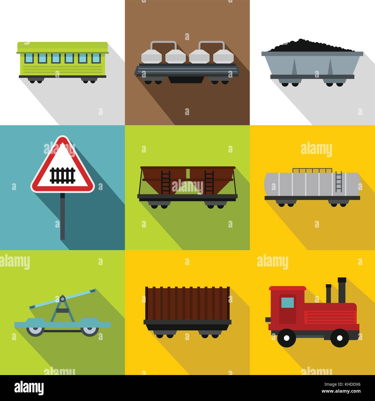 Trasporto ferroviario set di icone di stile di Piana Illustrazione Vettoriale