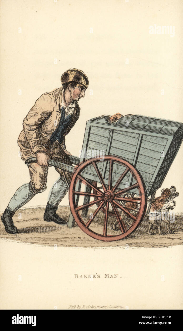 Baker's uomo spingendo una carriola di pane con due cani nel sistema di cavi sul lato anteriore. Handcolored incisione su rame da William Henry Pyne è il mondo in miniatura: Inghilterra, Scozia e Irlanda, Ackermann, 1827. Foto Stock
