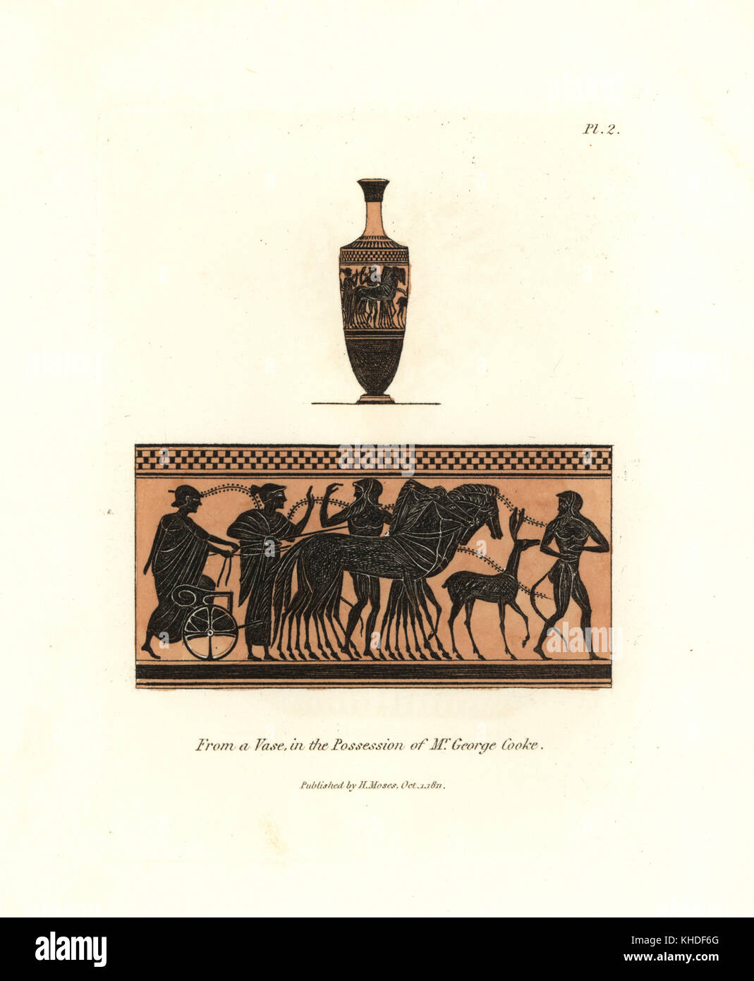 Vaso antico in possesso di mr. george cooke. vaso in argilla rossa con design nero di uomini con quadriga quattro-carrozza a cavalli e cervi. handcolored incisione su rame di henry Mosè da una raccolta di vasi antichi, altari, ecc., Londra, 1814. Foto Stock