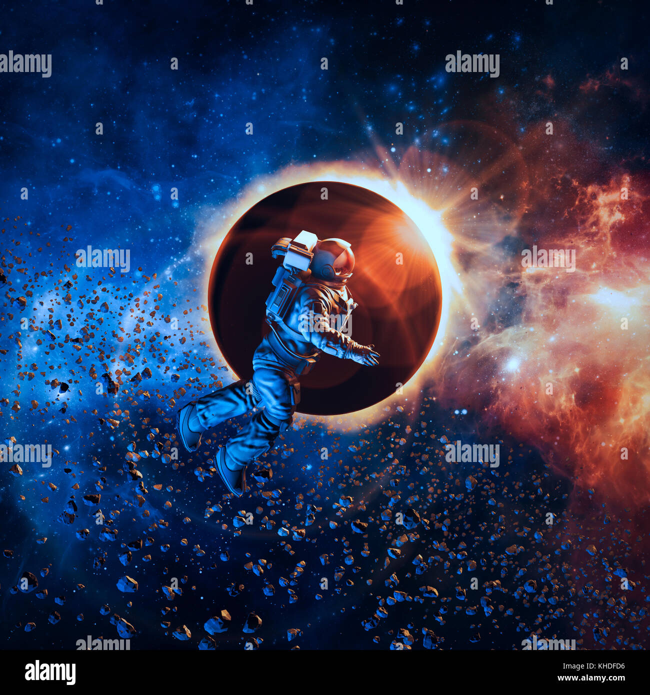 Eclissi solare astronauta / 3d illustrazione della astronauta fluttuante nello spazio durante l eclissi solare Foto Stock