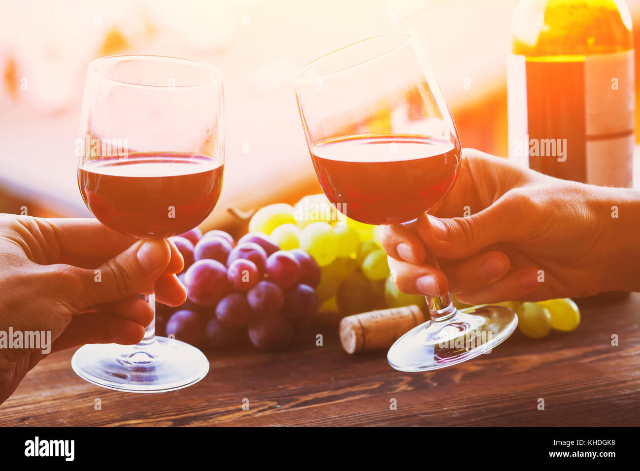 La gente beve vino insieme, saluti a due mani tenendo gli occhiali Foto Stock