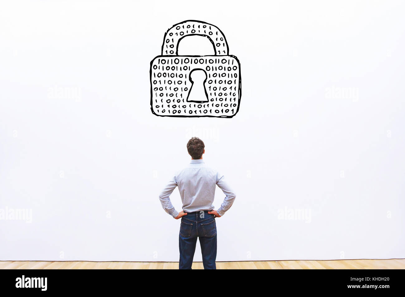 Informazioni personali il concetto di protezione, sicurezza informatica dei dati, serratura digitale con codice binario di password Foto Stock