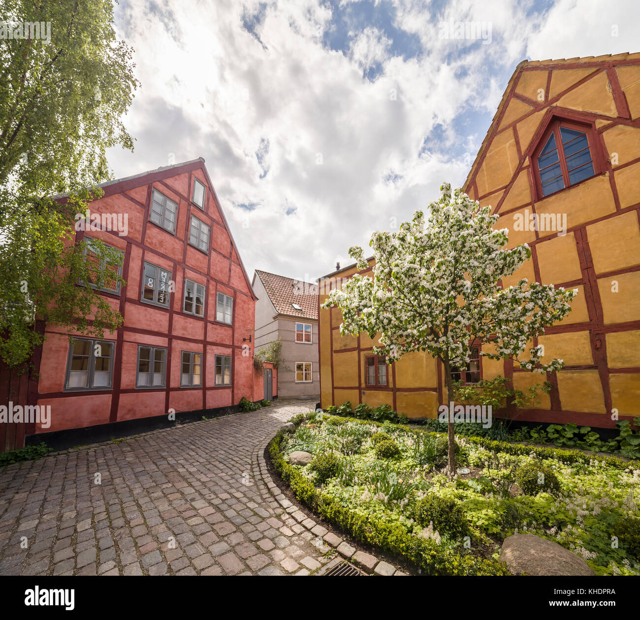 Stretta strada residenziale nel centro medioevale di Helsingor / Helsingør, Danimarca e Scandinavia. Foto Stock