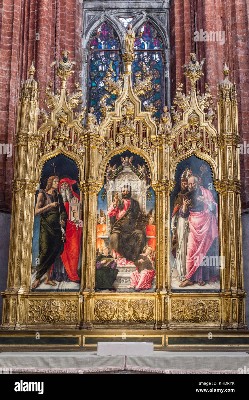 San Marco e SS.Giovanni Battista e Gerolamo, Niccolò e Paolo; Bartolomeo Vivarini trittico in Santa Maria Gloriosa dei Frari, Venezia Foto Stock