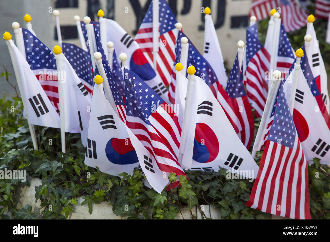 Bandiere americane e sudcoreane esposte in vasi di fiori a Broadway vicino al quartiere di Koreatown sulla 6th Avenue nel centro di Manhattan il giorno dei Veterani a New York City. Foto Stock