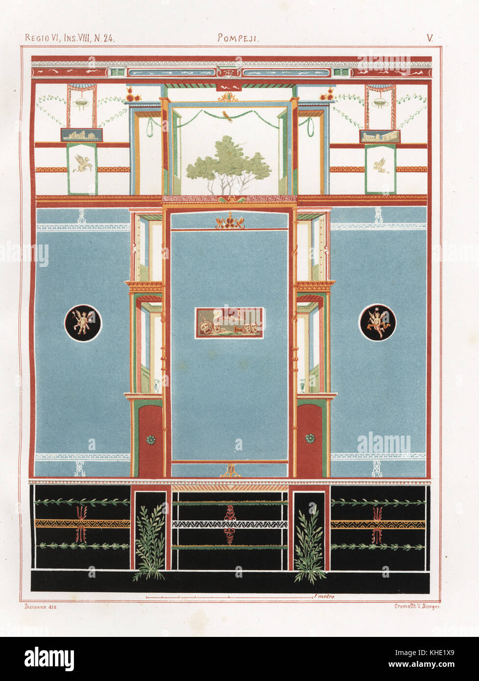 Murale con pannello di maschere teatrali da tablinum di una casa di VI.8.24.. Chromolithograph da Victor Steeger dopo una illustrazione da Geremia Discanno da Emile Presuhn's Les Plus Belles Peintures de Pompei (i più bei dipinti di Pompei), Lipsia, 1881. Foto Stock