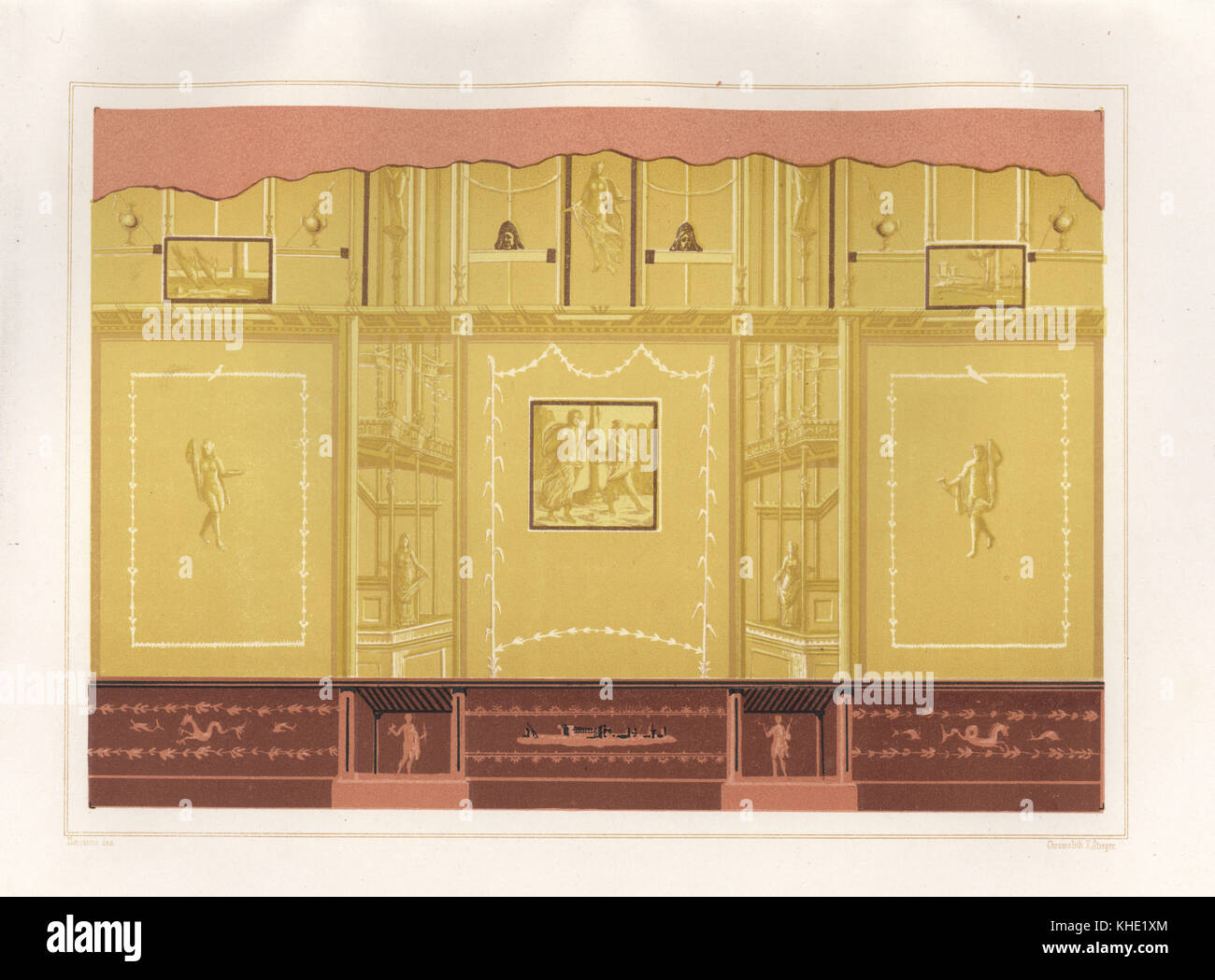 Curioso dipinto in colori smorzati dalla oecus (salon) della Casa del Meleagro o la casa di Meleagro, Reg. VI, Ins. IX, n. 2. Chromolithograph da Victor Steeger dopo una illustrazione da Geremia Discanno da Emile Presuhn's Les Plus Belles Peintures de Pompei (i più bei dipinti di Pompei), Lipsia, 1881. Foto Stock