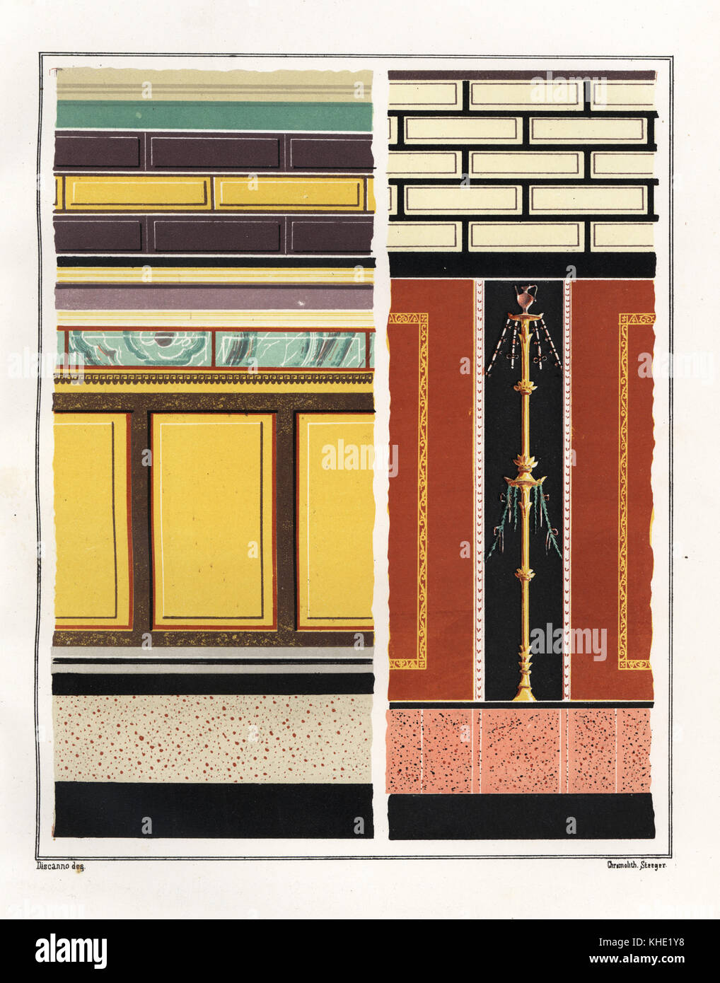 Pitture Murali da camere nella Casa del epigrammi, Reg. V, Ins. 1, n. 18. Sulla sinistra, un murale da un atrio, e a destra un murale da un antichamber. Chromolithograph da Victor Steeger dopo una illustrazione da Geremia Discanno da Emile Presuhn's Les Plus Belles Peintures de Pompei (i più bei dipinti di Pompei), Lipsia, 1881. Foto Stock