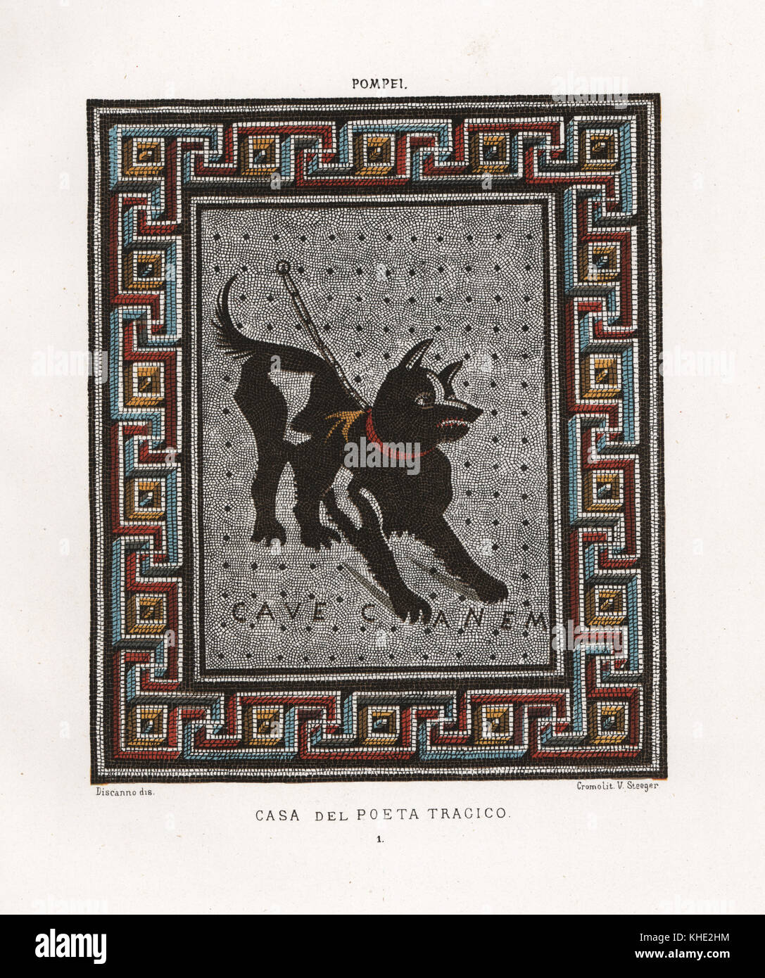 Mosaico di un cane da guardia su una catena dalla Casa del Poeta Tragico, Casa del Poeta Tragico, Regio VI, Insulae 8,3,5. Chromolithograph da Victor Steeger dopo una illustrazione da Geremia Discanno da Emile Presuhn's Les Plus Belles Peintures de Pompei (i più bei dipinti di Pompei), Lipsia, 1881. Foto Stock