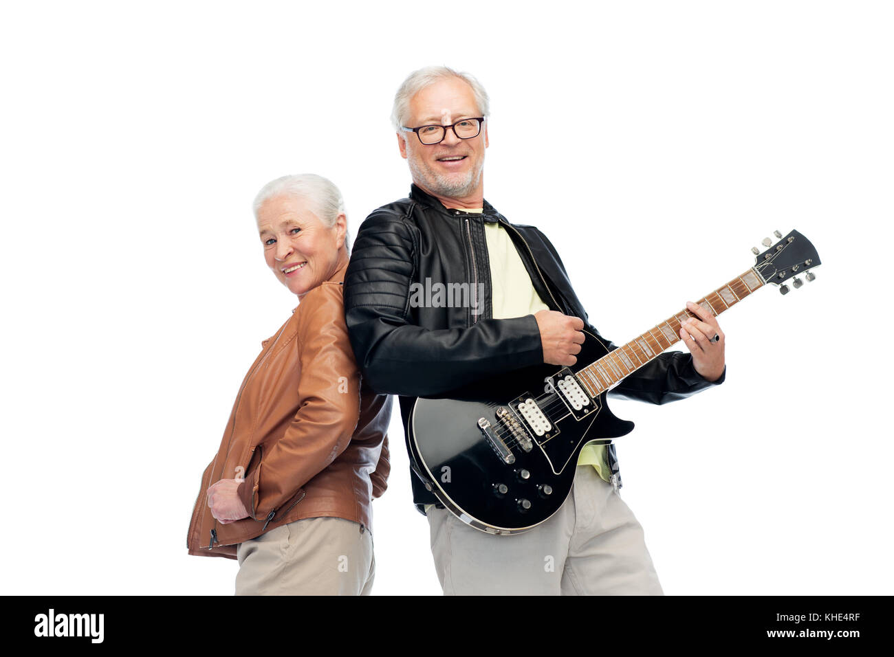 Felice coppia senior con chitarra elettrica Foto Stock