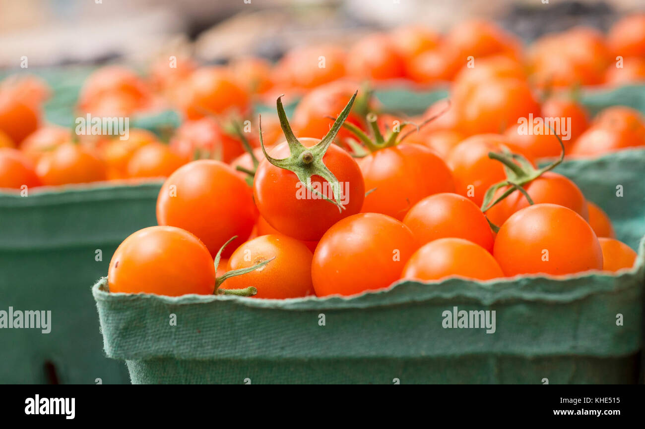 I pomodori ciliegini biologici di Tuscarora Organic Growers (TOG) sono stati consegnati ad ogni mercato di Peach a Washington, D.C., martedì 2 agosto 2016. Ogni Peach Market, fondato nel 2013, è un negozio di alimentari a servizio completo che fornisce prodotti, latticini, uova fresche, carne, birra e vino, cibi preparati e molto altro. Il personale è pronto e in grado di raccontare come e dove provengono i cibi e suggerire come preparare i pasti. Jeanelouise Conaway e Emily Freidberg hanno co-proprietario il mercato per, come dicono "…condividere il nostro amore per il buon cibo e lo spirito culinario fai da te con la nostra comunità". Presentano molti grandi locali Foto Stock