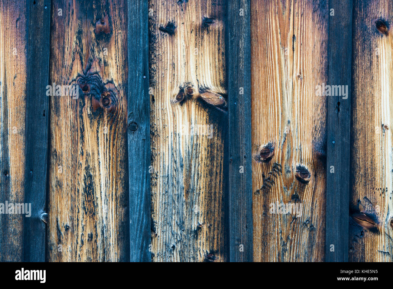 Vuoto blu e marrone striato texture di legno. wheathered antica recinzione con nodi come sfondo. Foto Stock