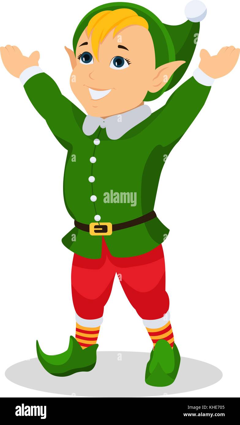 Vector cartoon elf natale sta con le mani in alto Illustrazione Vettoriale