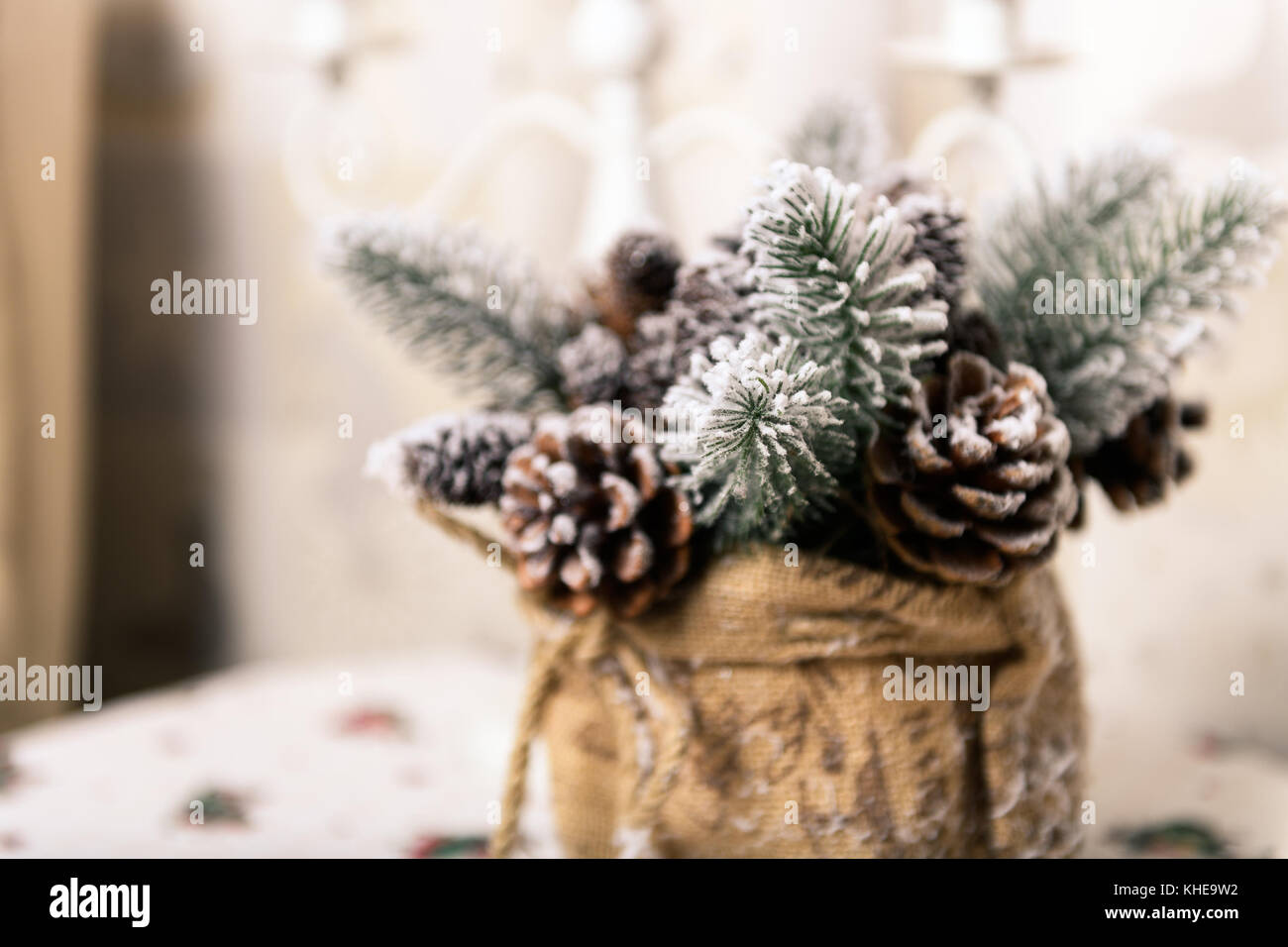 Vacanze invernali sullo sfondo di pigne in polvere con la neve artificiale e bianca peluria scialle. Buon Natale sfondo marrone Foto Stock