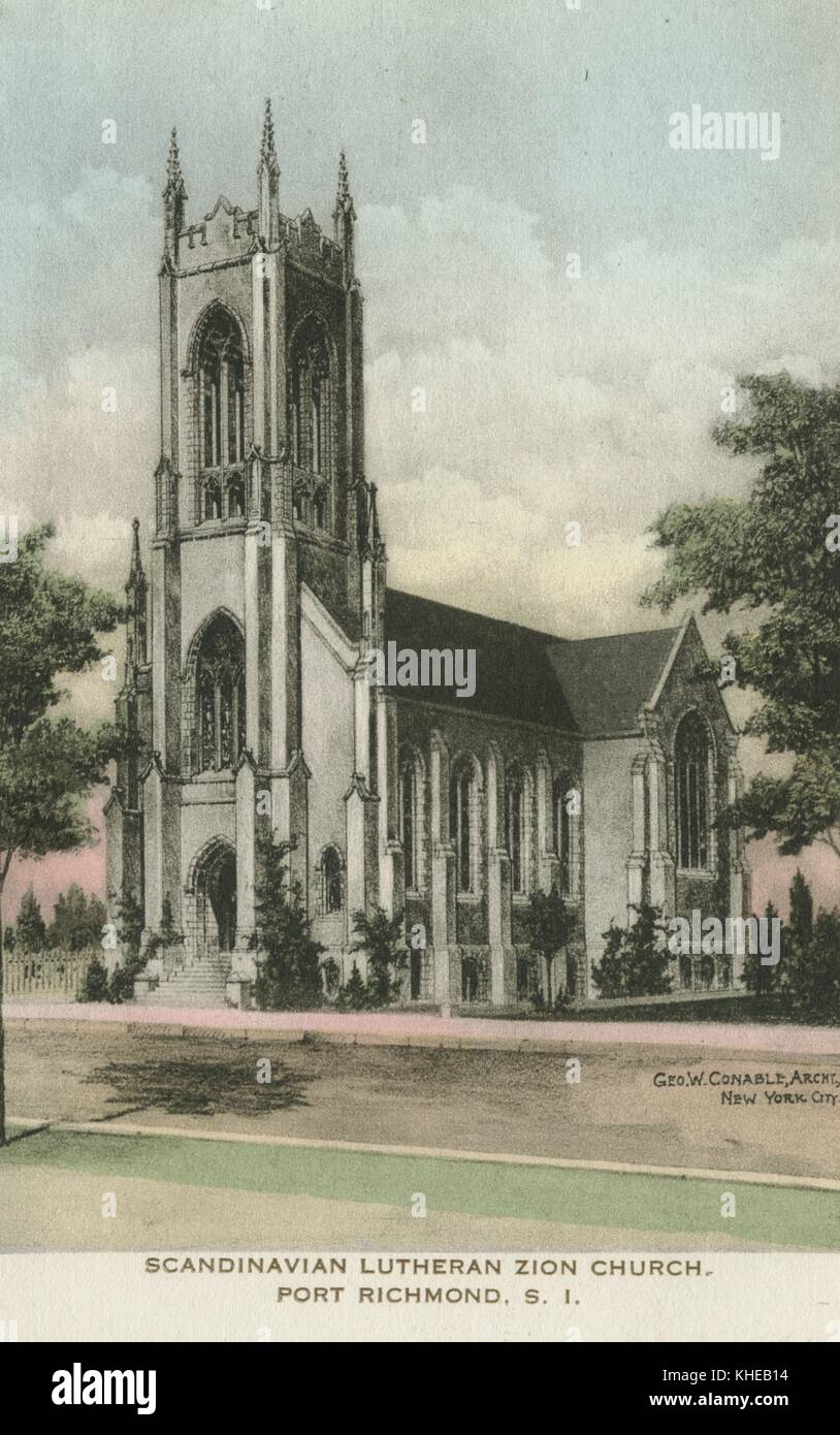 Un'antica cartolina raffigurante lo splendido edificio neogotico della chiesa scandinava Lutheran Zion, una vista laterale che mostra l'ingresso della chiesa e il suo lato sinistro, con una strada in primo piano, Port Richmond, Staten Island, New York, Richmond, Virginia, 1900. Dalla Biblioteca pubblica di New York. Foto Stock