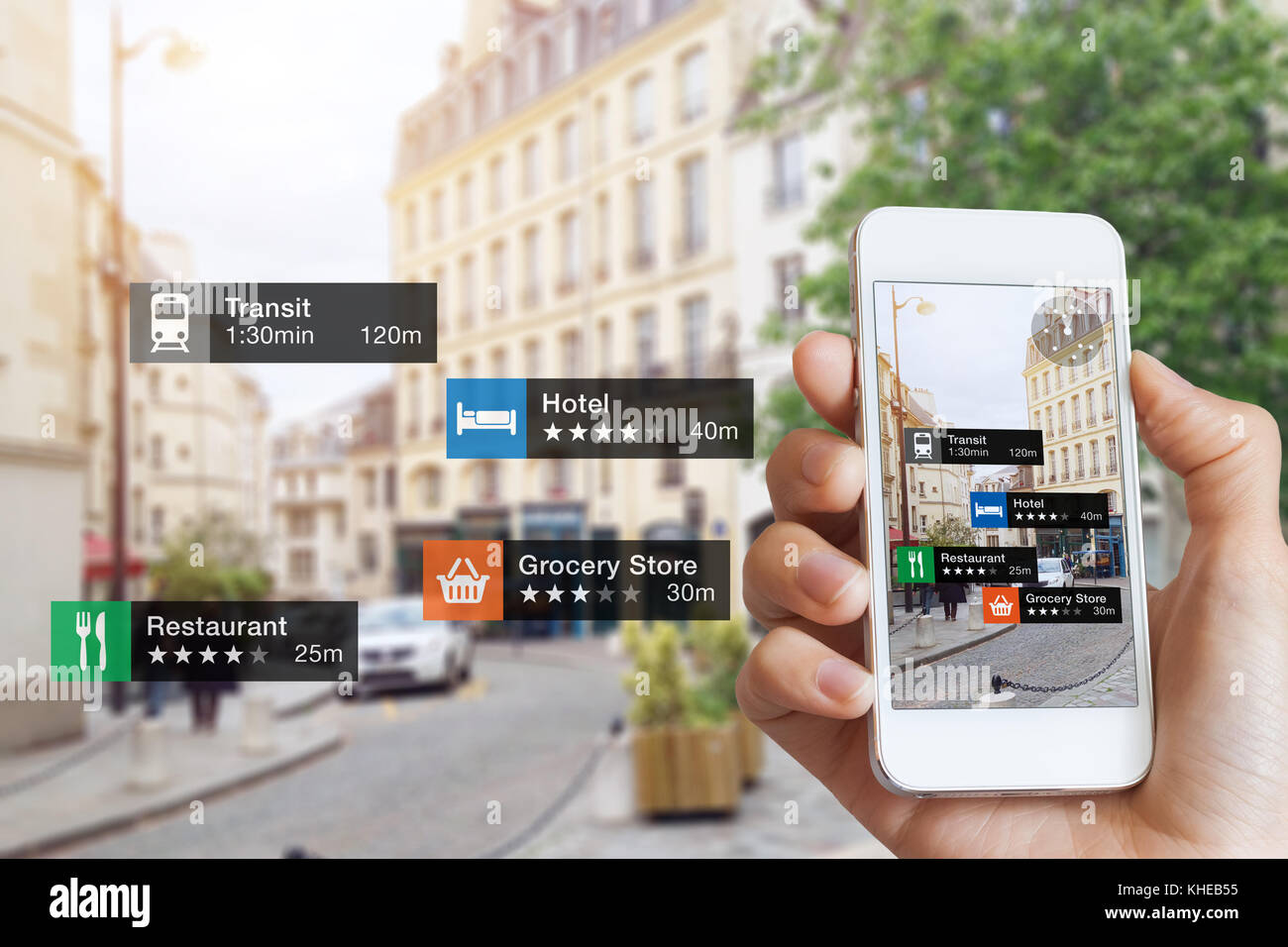 La realtà aumentata (ar) tecnologie dell'informazione circa le aziende nelle vicinanze e servizi sulla schermata dello smartphone guidare il cliente o turista nella città, vicino-u Foto Stock