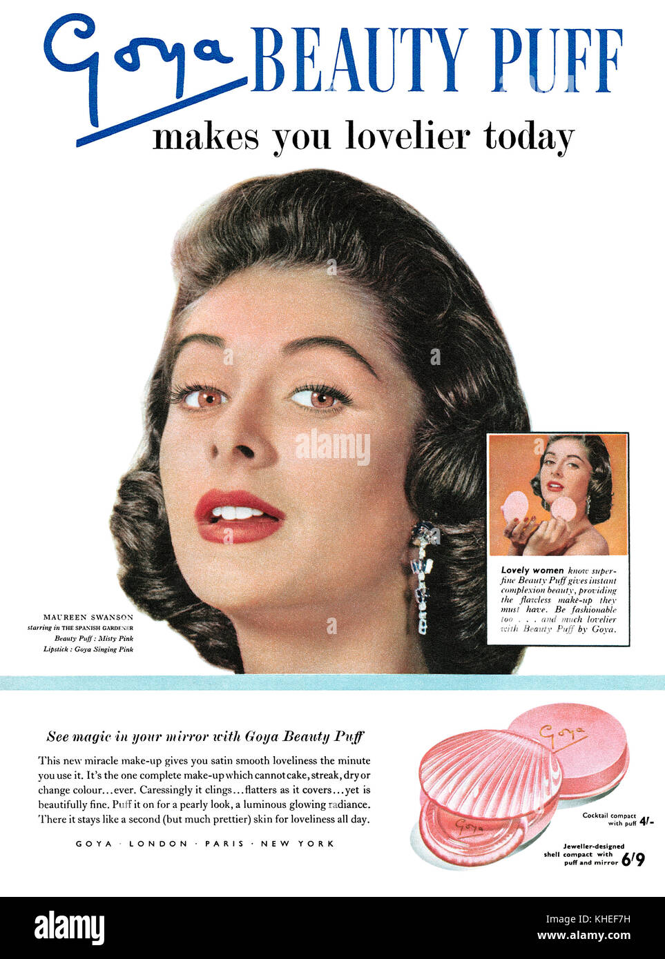 1957 British pubblicità per Goya bellezza Puff cipria, dotate di attrice Maureen Swanson. Foto Stock