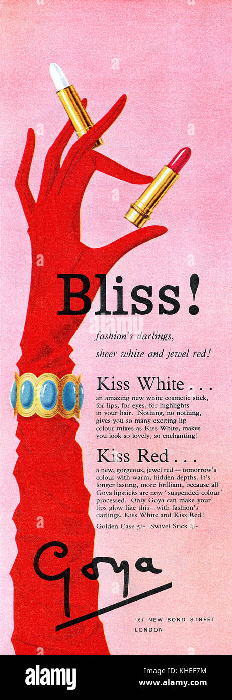 1959 British pubblicità per Goya bacio bianco e Kiss rossetto rosso. Foto Stock