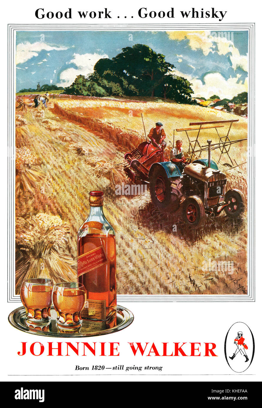 1945 British pubblicità per Johnnie Walker Scotch Whisky, illustrato da Clive Uptton. Foto Stock