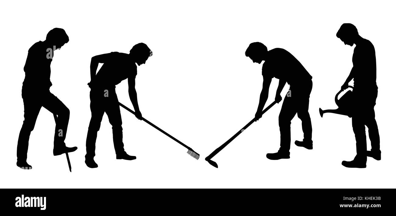 Set di sagome realistica del lavoro contadino con strumenti, isolati su sfondo bianco - vettore Illustrazione Vettoriale