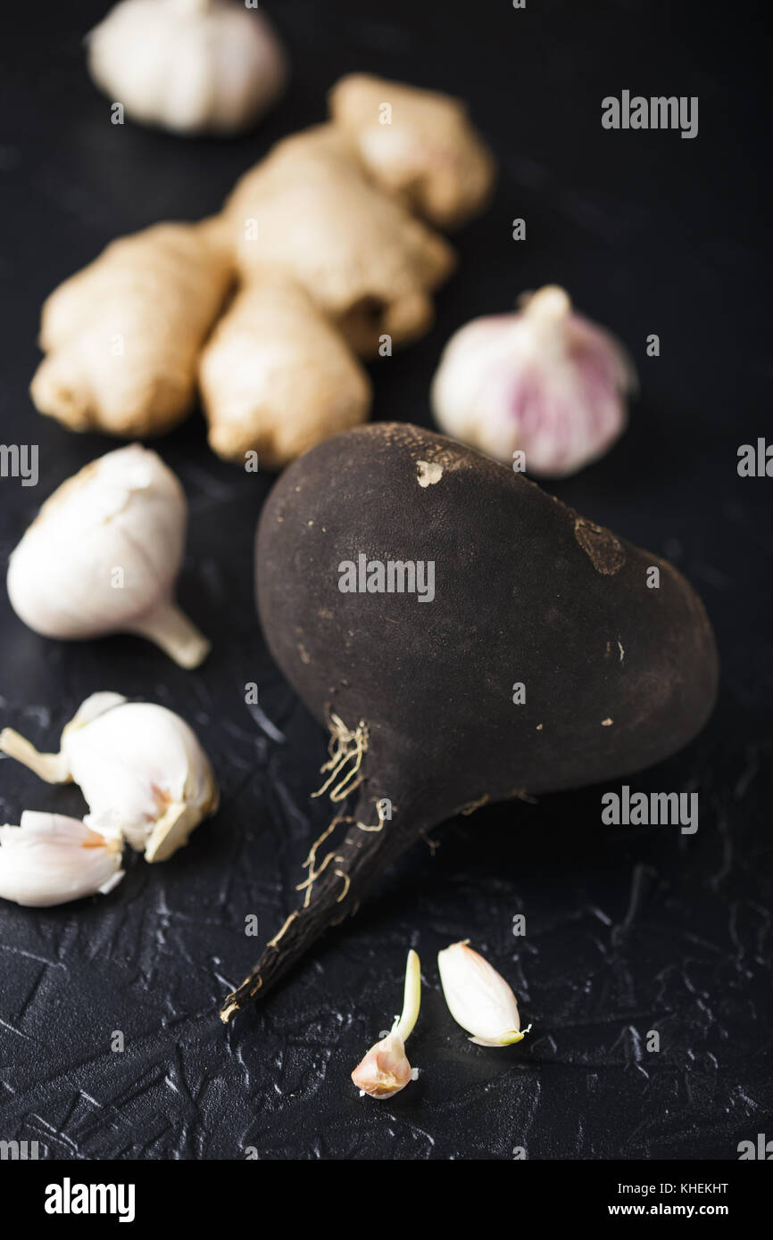 Il tubero Rafano nero e aglio su un nero lo sfondo di calcestruzzo Foto Stock