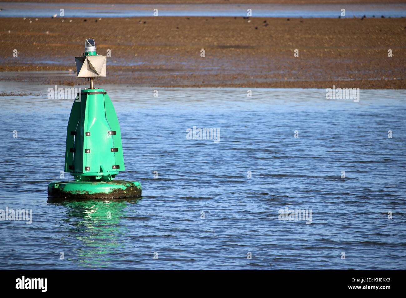 Marcatore verde boa galleggiante sul fiume stour nel Suffolk, Regno Unito. n. marcature. lo sfondo con il fiume nella distanza. buona copia spazio. Foto Stock