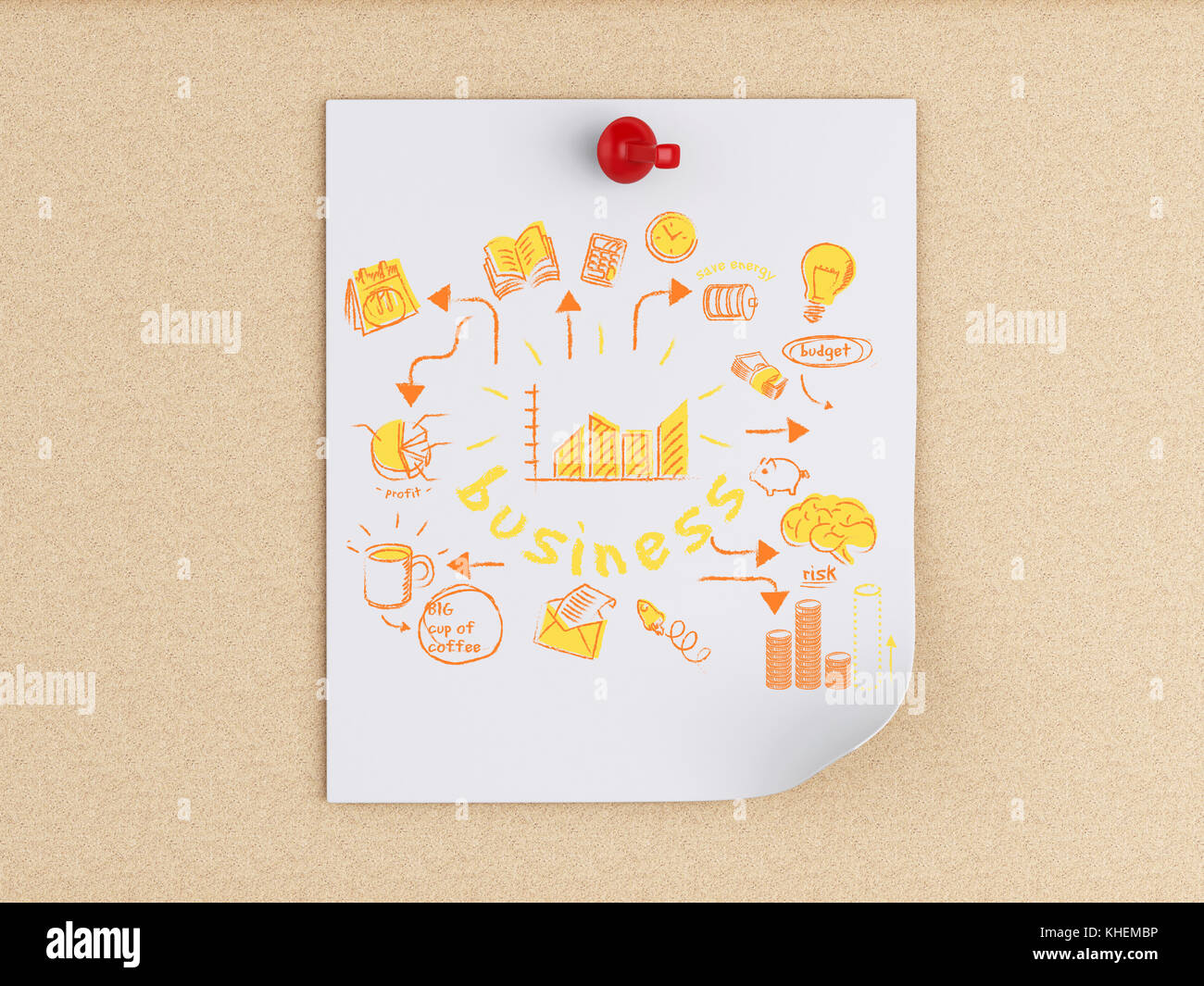 3d illustrazione. popolazione bianca e post-it con il business schizzo sulla bacheca di sughero dello sfondo. Foto Stock